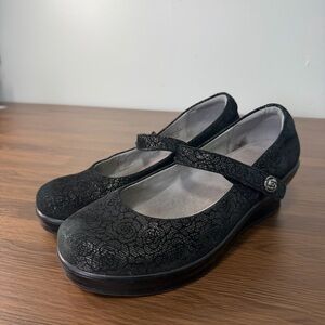Alegria Flair Pewter Florette Mary Janes Wedge‎ Pump Black Gold Sz 9
